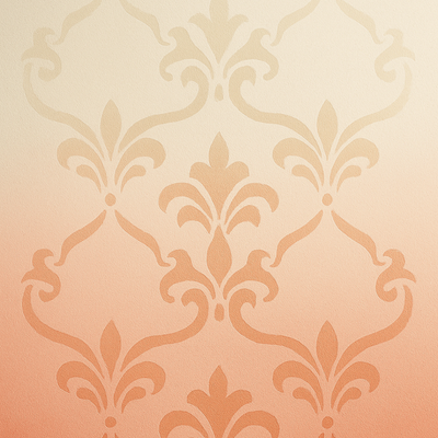 Elegant damask stencil pattern on a wall with a soft peach ombre effect fading from light to darker tones.