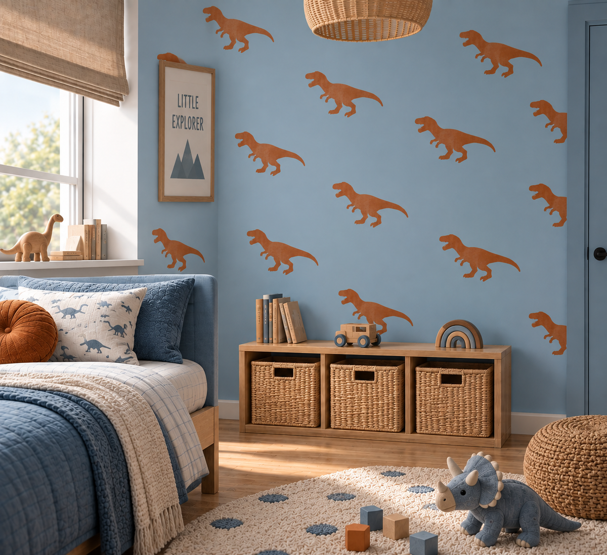Soft orange T-Rex dinosaur stencil on a light blue wall in a cozy modern kids’ bedroom with natural wood furniture and blue decor.