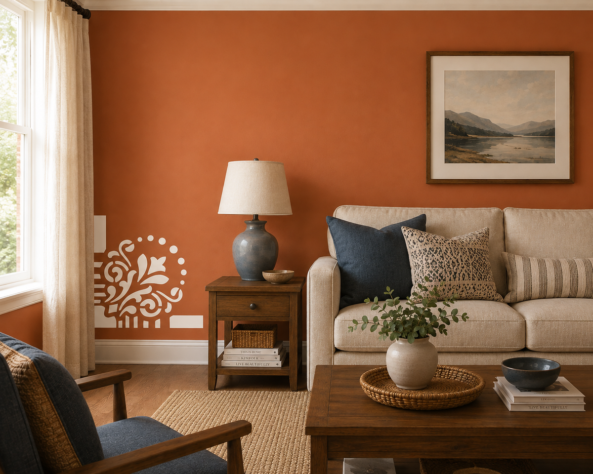Ornamental border stencil with a decorative corner pattern painted on a terracotta living room wall.