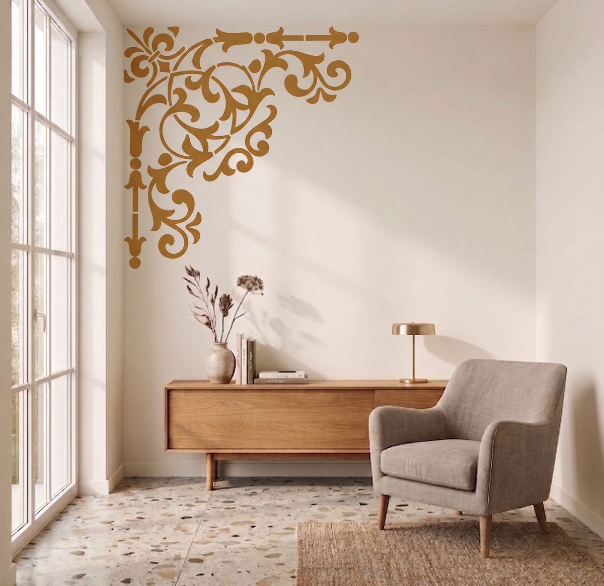 Ornamental corner wall stencil with a vintage floral scroll design painted above a wooden console in a modern interior.