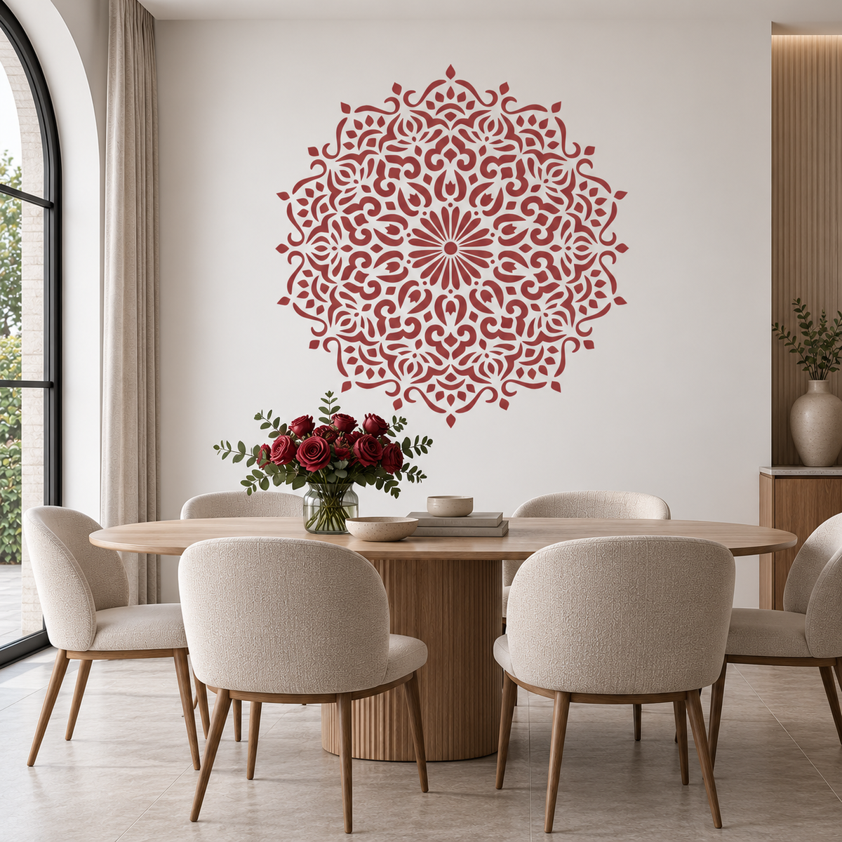 Ornamental Floral Mandala Stencil in terracotta red on a white dining room wall above a wooden table decorated with red roses.