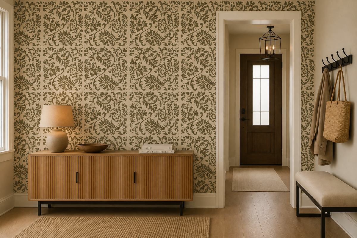 Ornamental floral stencil creating a repeating wallpaper-style pattern on an elegant entryway feature wall