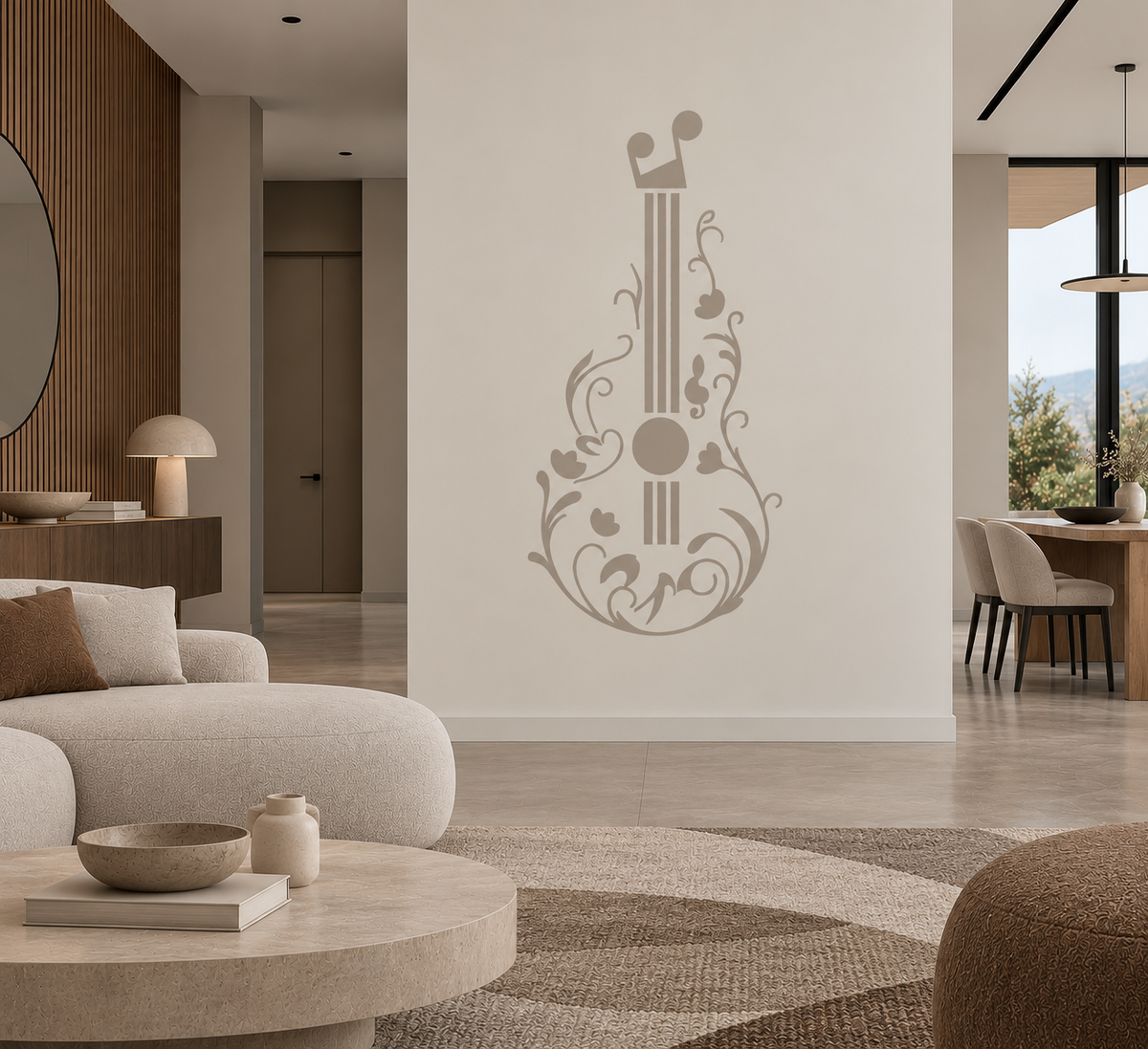 Taupe ornamental guitar wall stencil with flowing floral patterns on a white wall in an elegant minimalist living room.