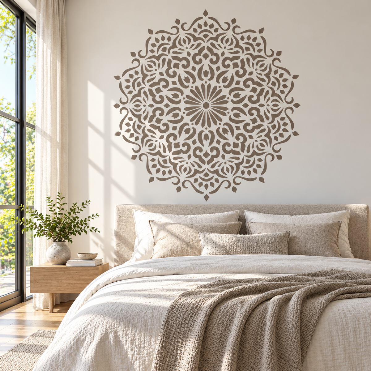 Ornamental Mandala Stencil in taupe on a cream wall above an upholstered bed in a bright, elegant bedroom.