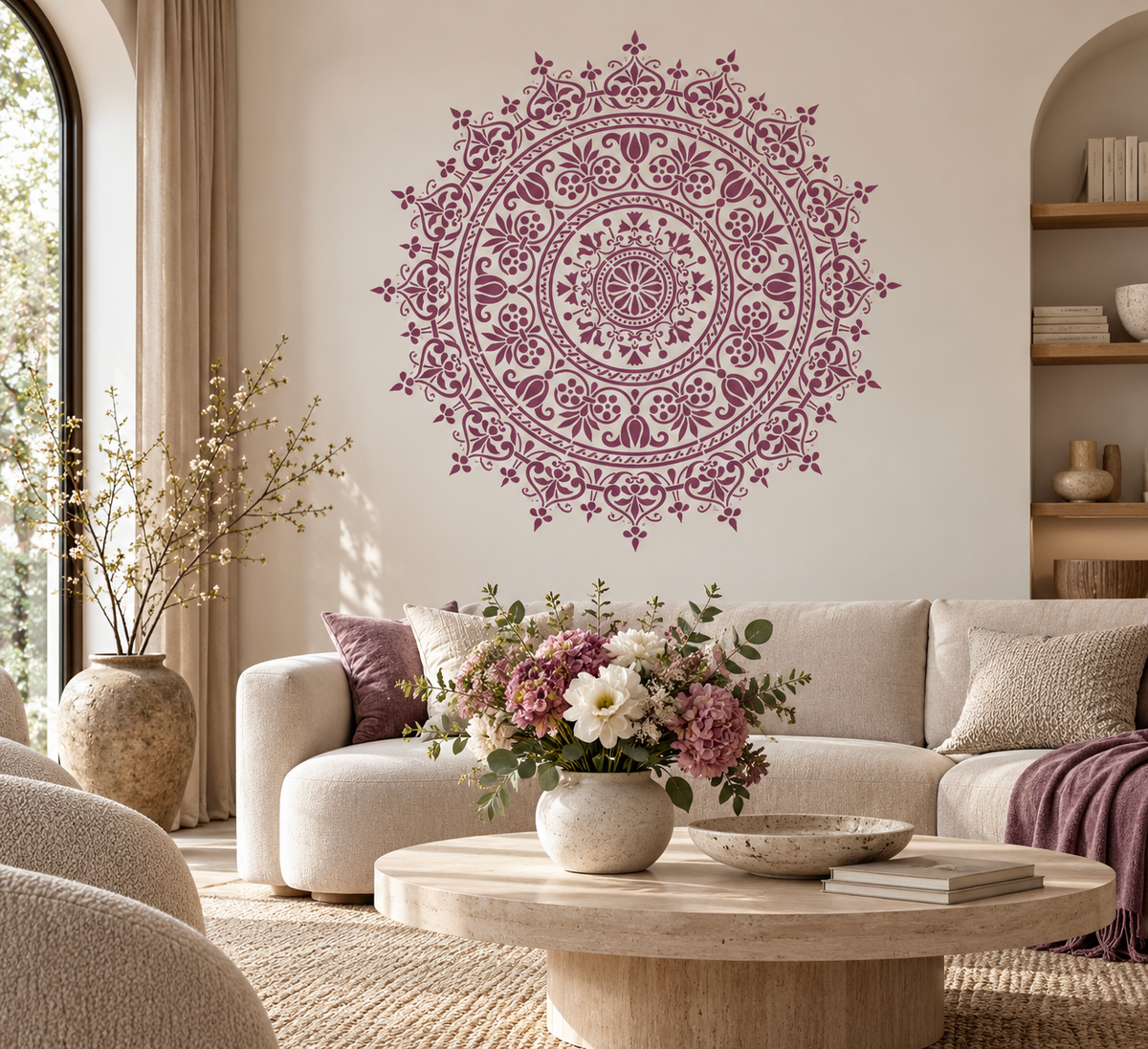 Ornamental Mandala Wall Stencil in burgundy on a cream wall above a white sofa in an elegant living room.