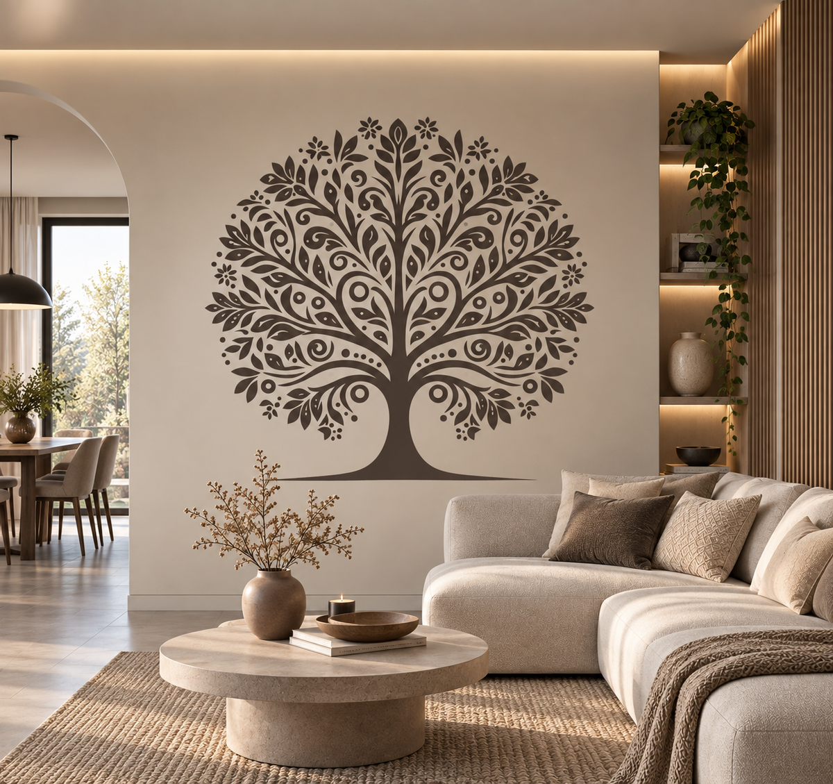 Large ornamental tree wall stencil in dark taupe adding an elegant botanical accent to a contemporary living room.