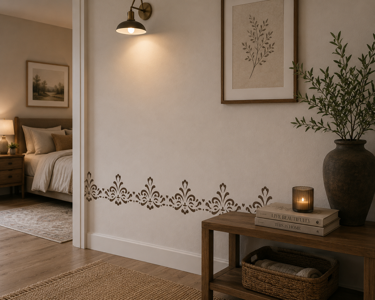 Repeating ornamental wall border adding a subtle decorative detail to a warm entryway