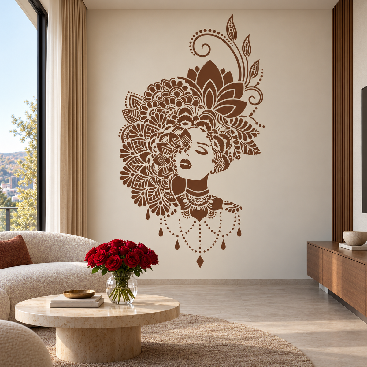 Large brown Ornamental Woman Mandala Stencil featuring an elegant female face surrounded by floral ornaments and lotus petals in a contemporary living room.