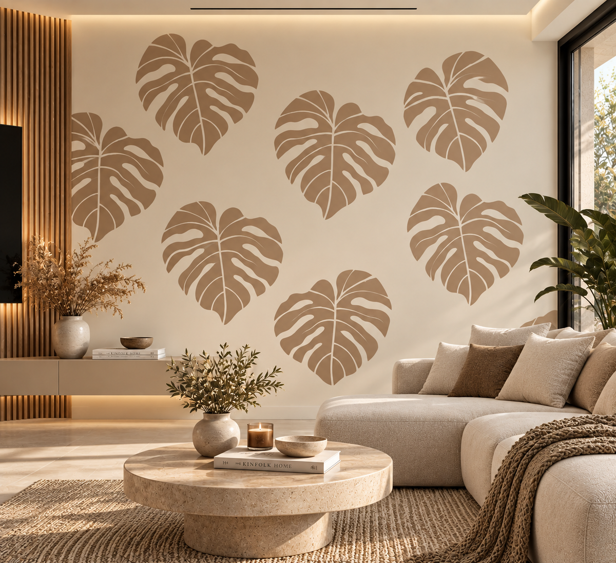 Oversized beige monstera leaf wall stencil creating a bold tropical feature wall in a warm modern living room.