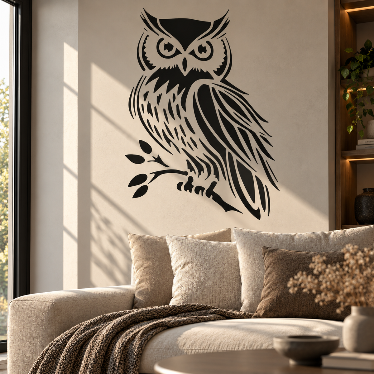 Bold black owl stencil on a cream wall above a neutral sofa in a warm contemporary living room.