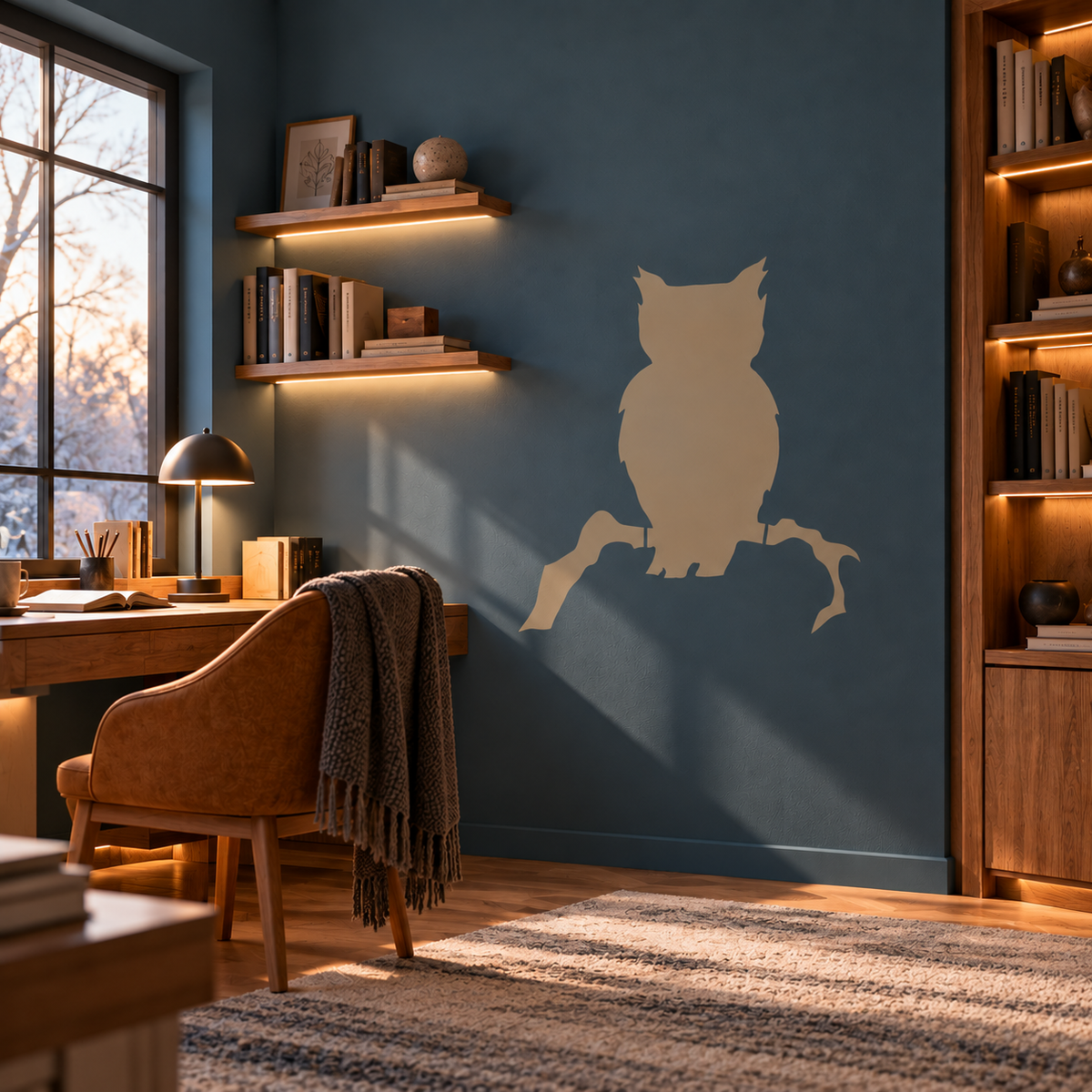 Owl Stencil on a blue wall in a warm modern home office