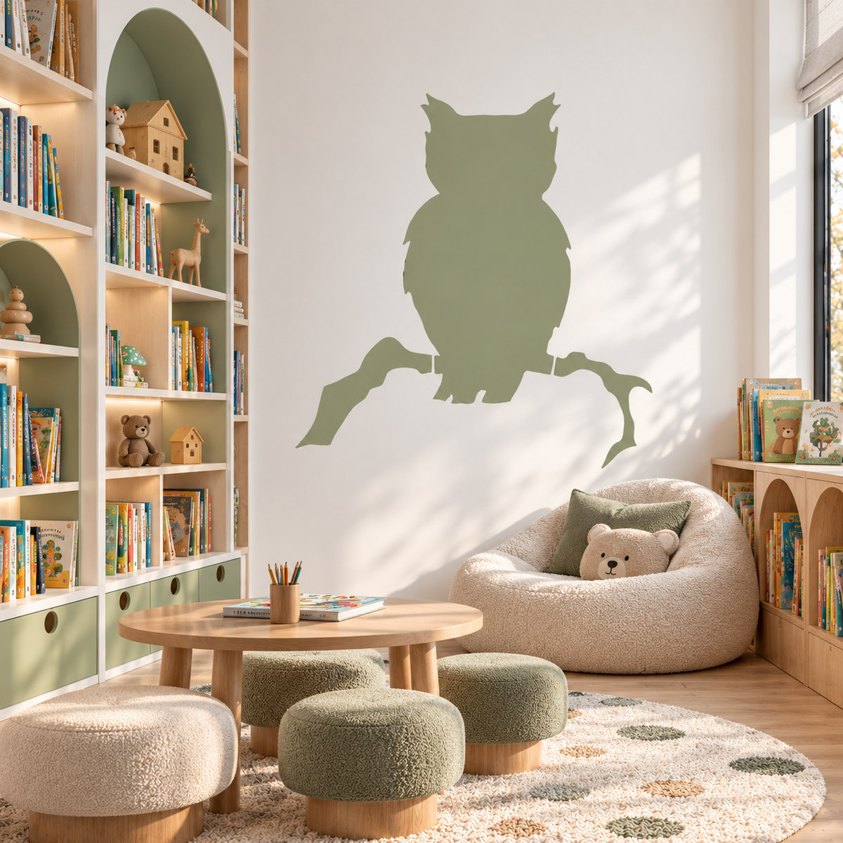 Owl Stencil in soft green on a wall in a cozy kids reading room