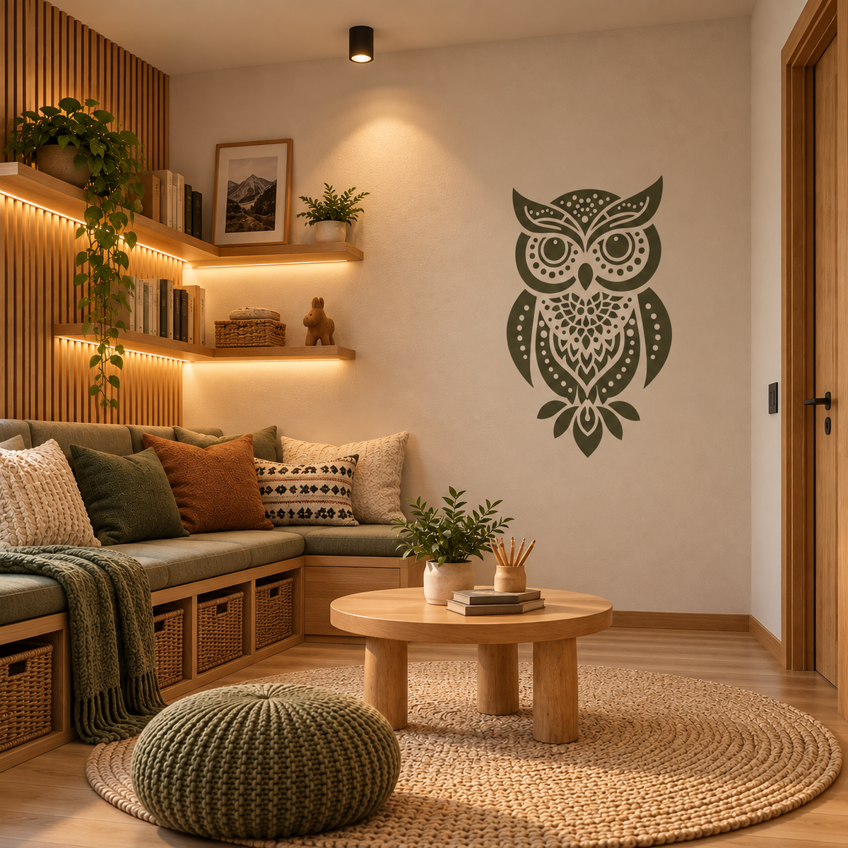 Dark green decorative owl stencil on a neutral wall in a warm modern living room with wooden shelving, plants and earthy decor.
