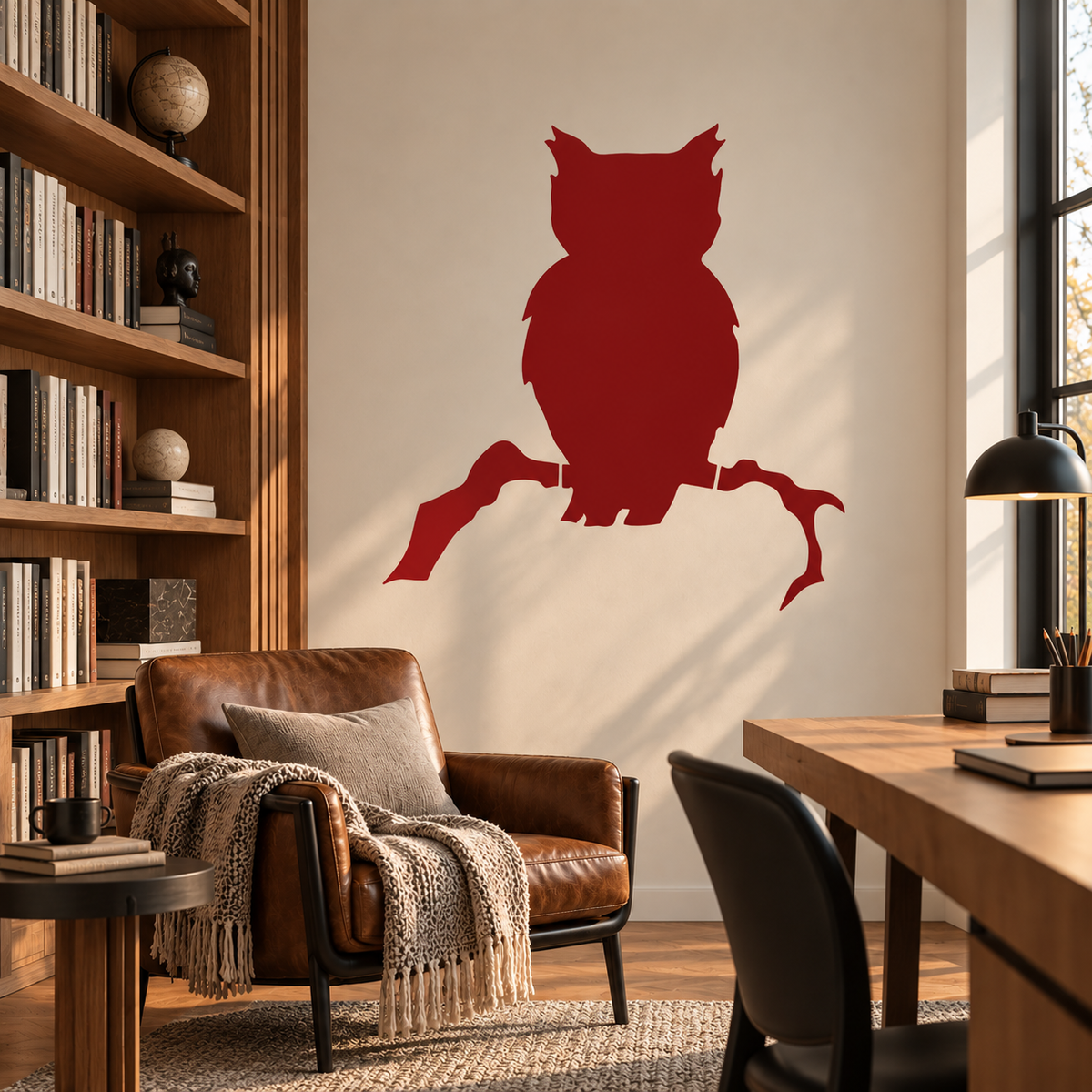 Red Owl Stencil on a neutral wall in a modern home office