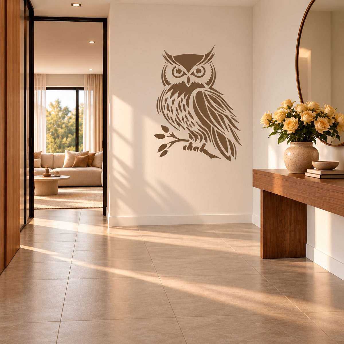 Taupe owl stencil on a light hallway wall beside a wooden console and round mirror in a sunlit modern home.