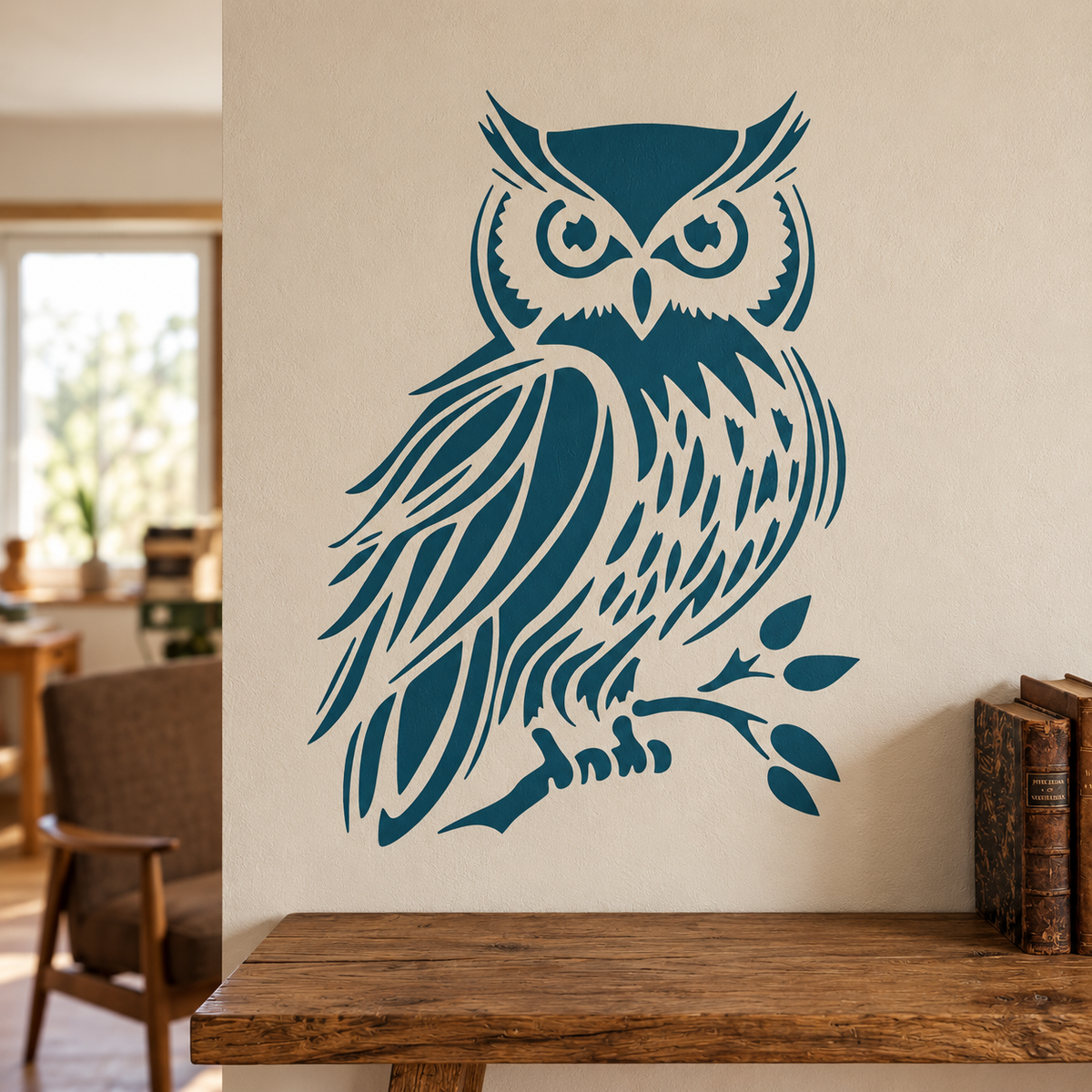 Large teal owl stencil perched on a branch above a rustic wooden console in a warm, sunlit interior.