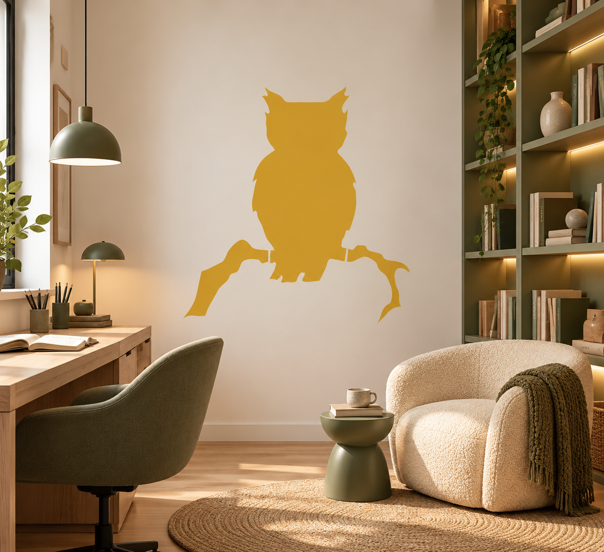 Yellow Owl Stencil on a neutral wall in a modern home office