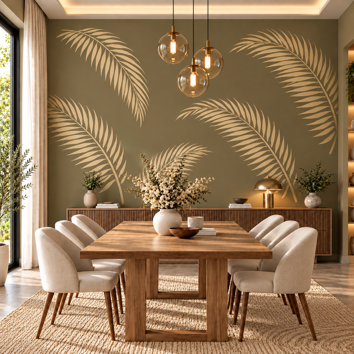 Palm Leaf Stencil in warm beige on an olive green feature wall in a modern dining room