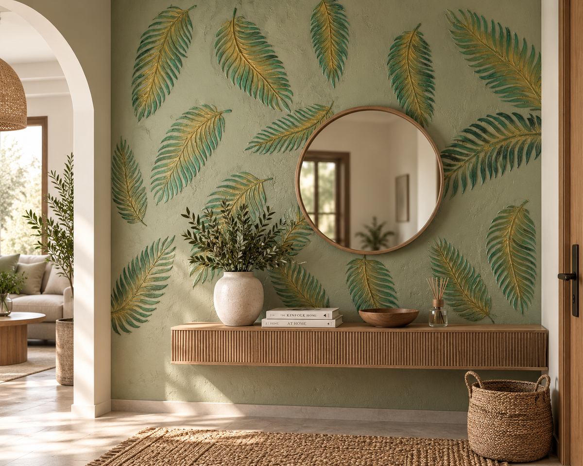 Palm Leaf Stencil in green and gold on an elegant entryway feature wall