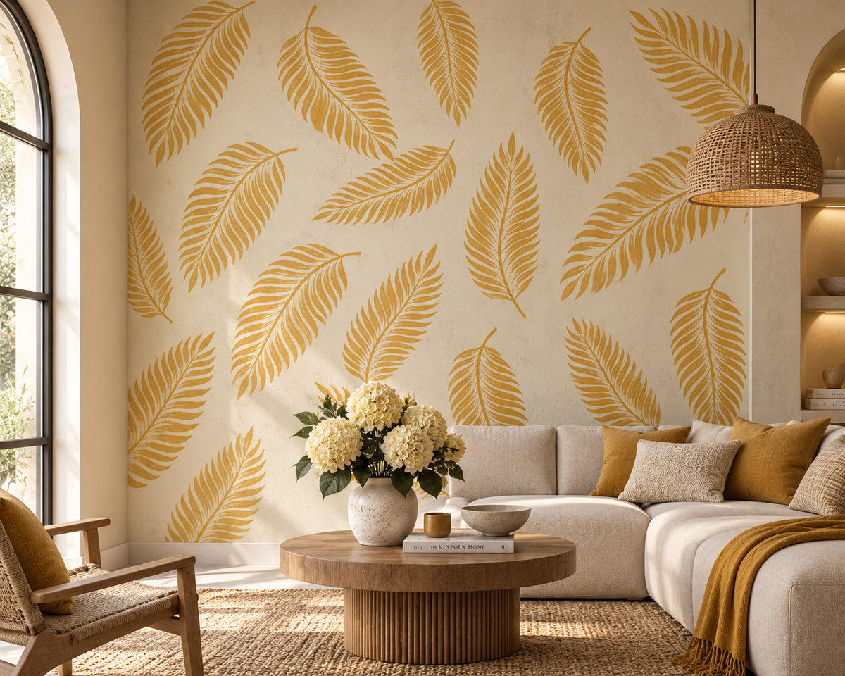 Palm Leaf Stencil in mustard yellow on an elegant living room wall with hydrangeas