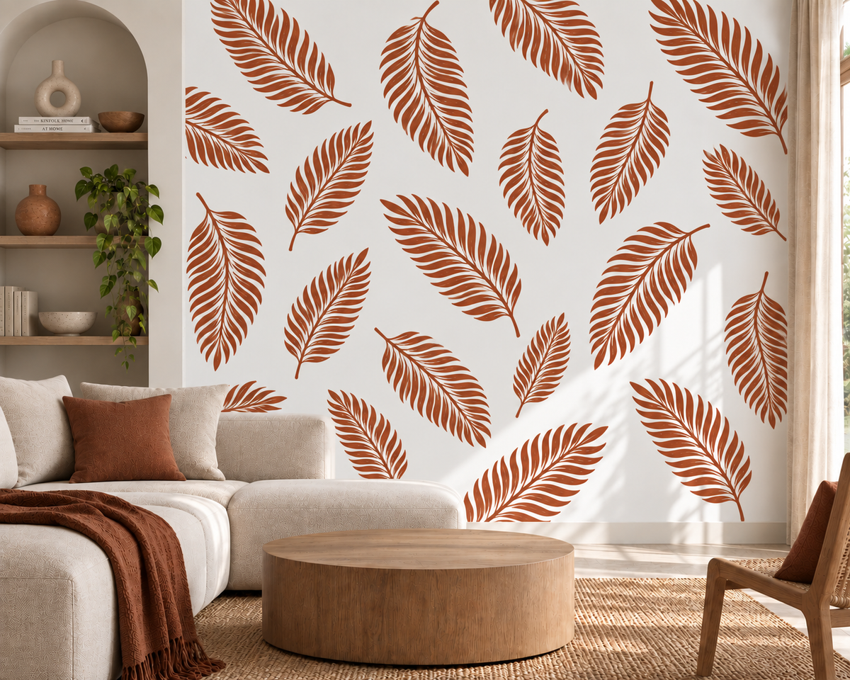 Palm Leaf Stencil in terracotta on a white wall in a modern boho living room