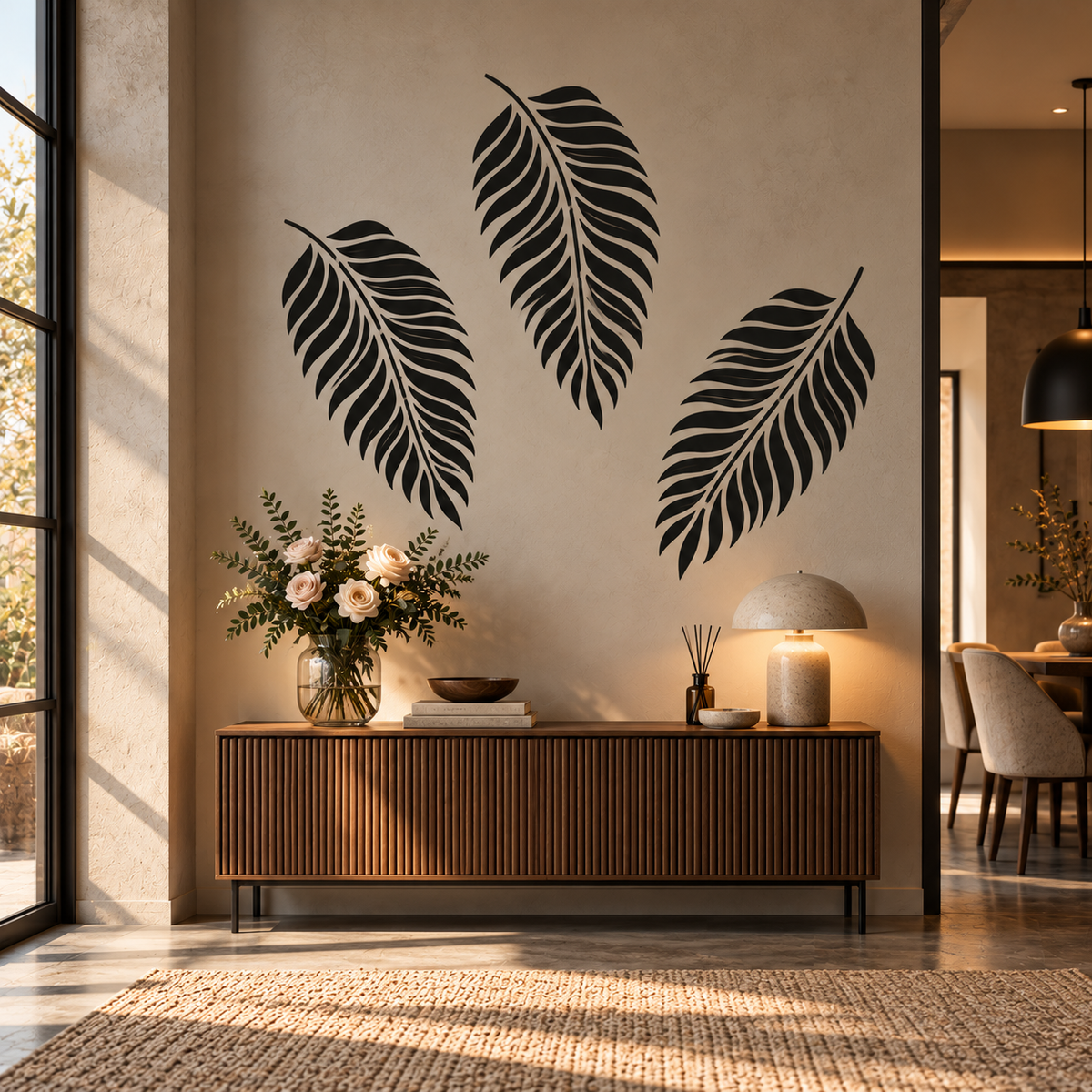 Black Palm Leaf Tropical Wall Stencil creating a bold botanical feature wall above a wood console