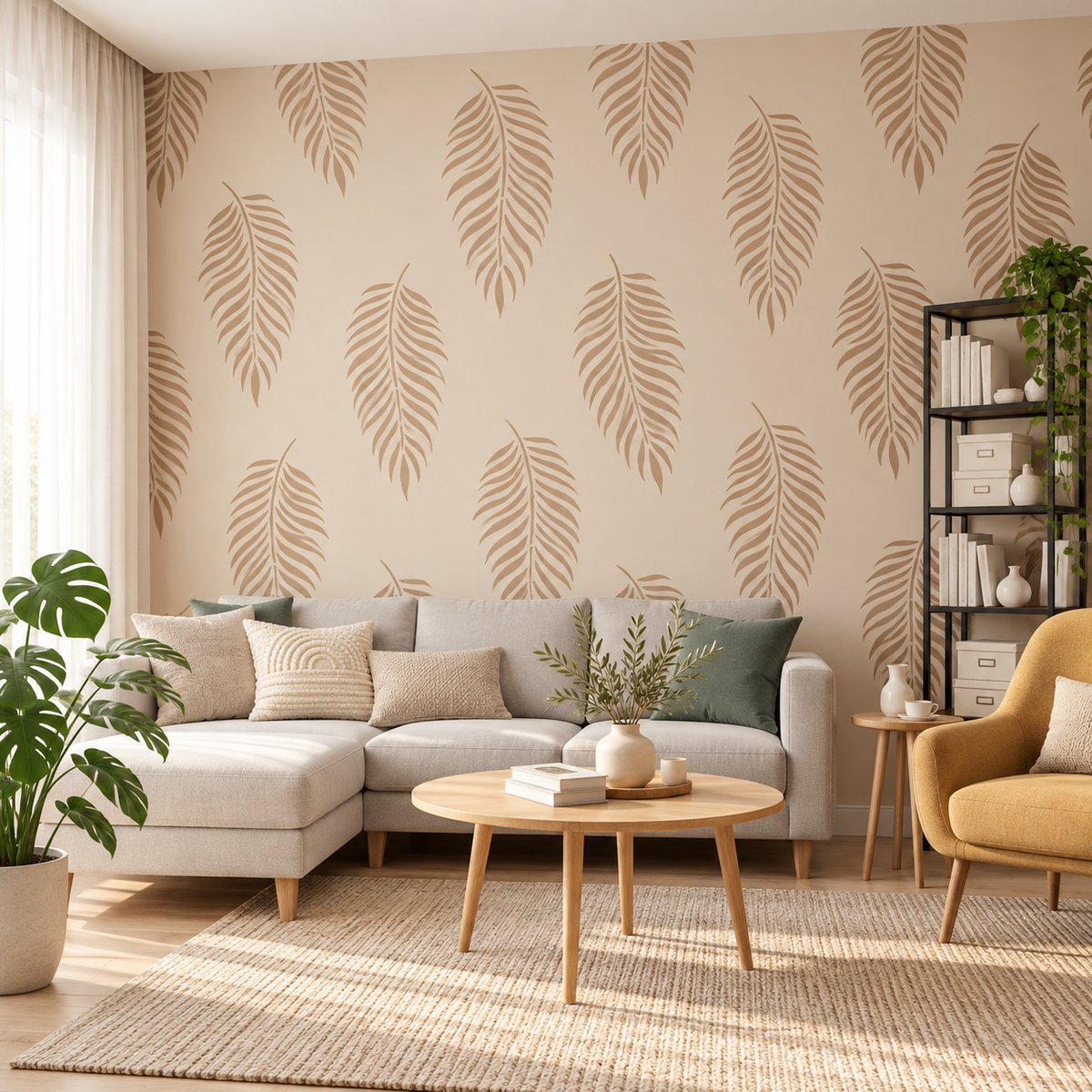 Palm Leaf Tropical Wall Stencil in warm beige on a neutral modern living room wall