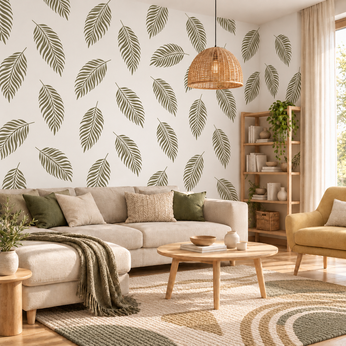 Olive green Palm Leaf Tropical Wall Stencil on a warm white feature wall in a bright modern living room