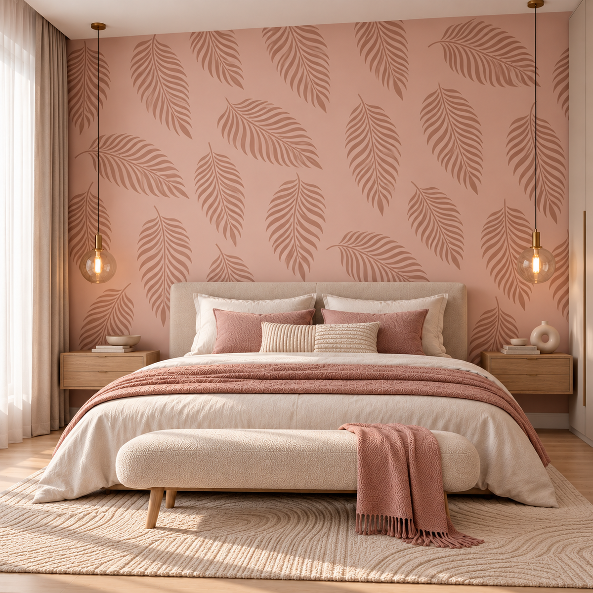 Palm Leaf Tropical Wall Stencil in dusty rose on a soft pink bedroom accent wall