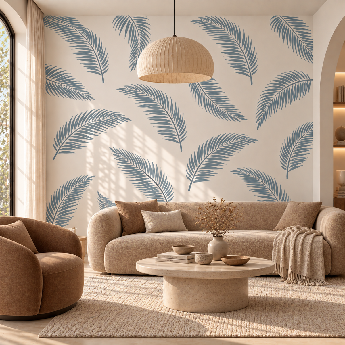 Palm Leaf Wall Stencil in dusty blue on a neutral living room wall