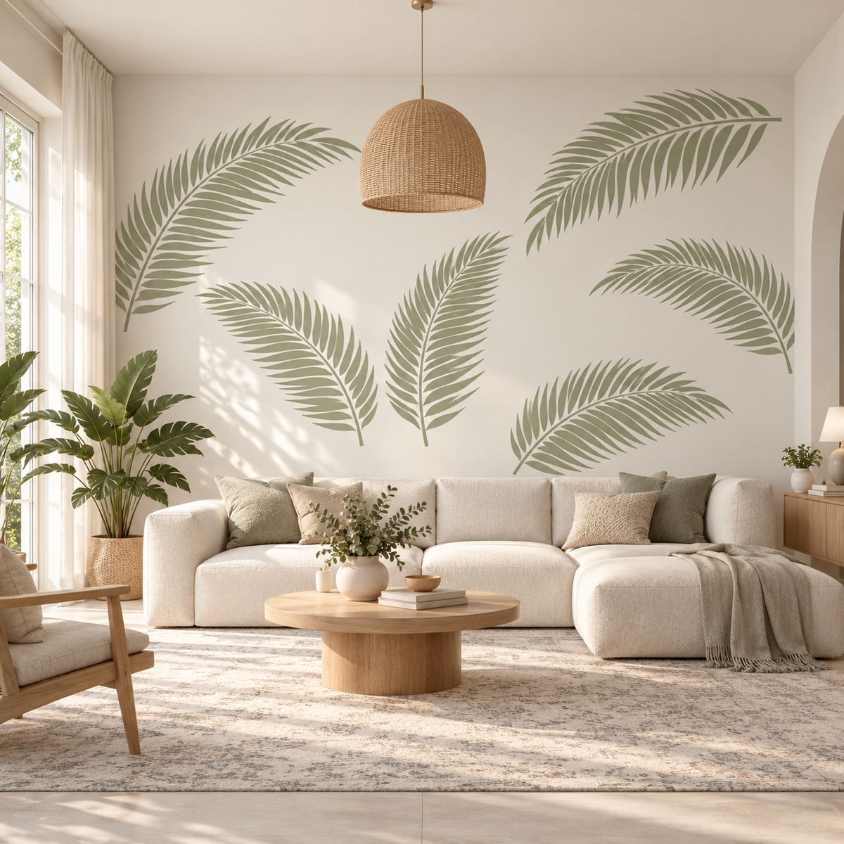Palm Leaf Wall Stencil in sage green on a neutral living room wall