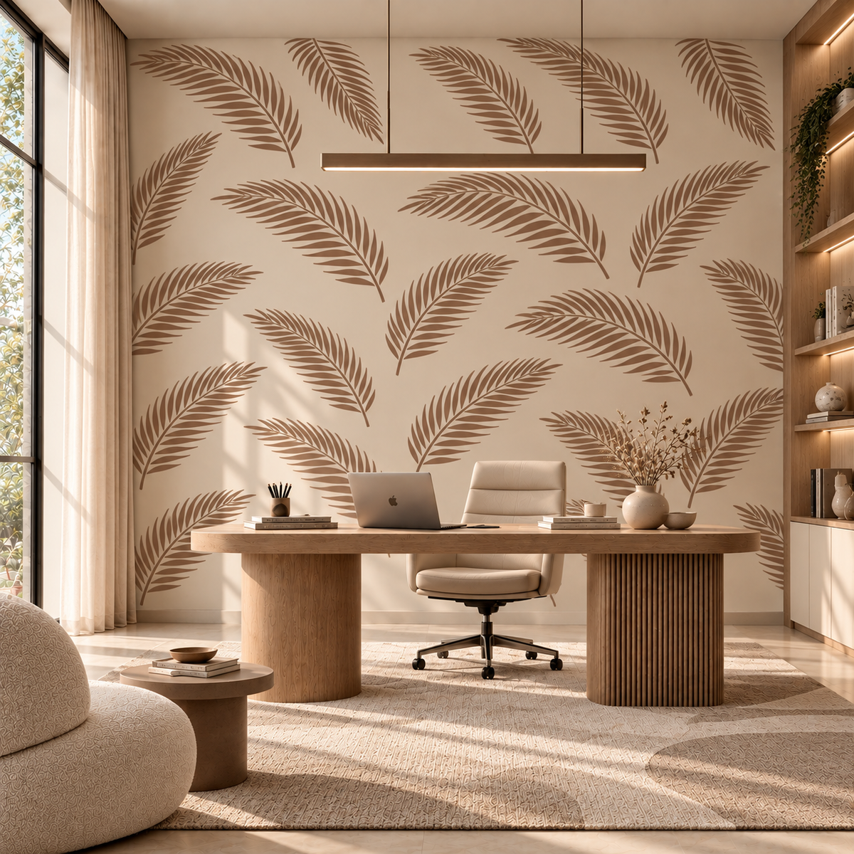 Palm Leaf Wall Stencil in warm brown on a modern home office wall