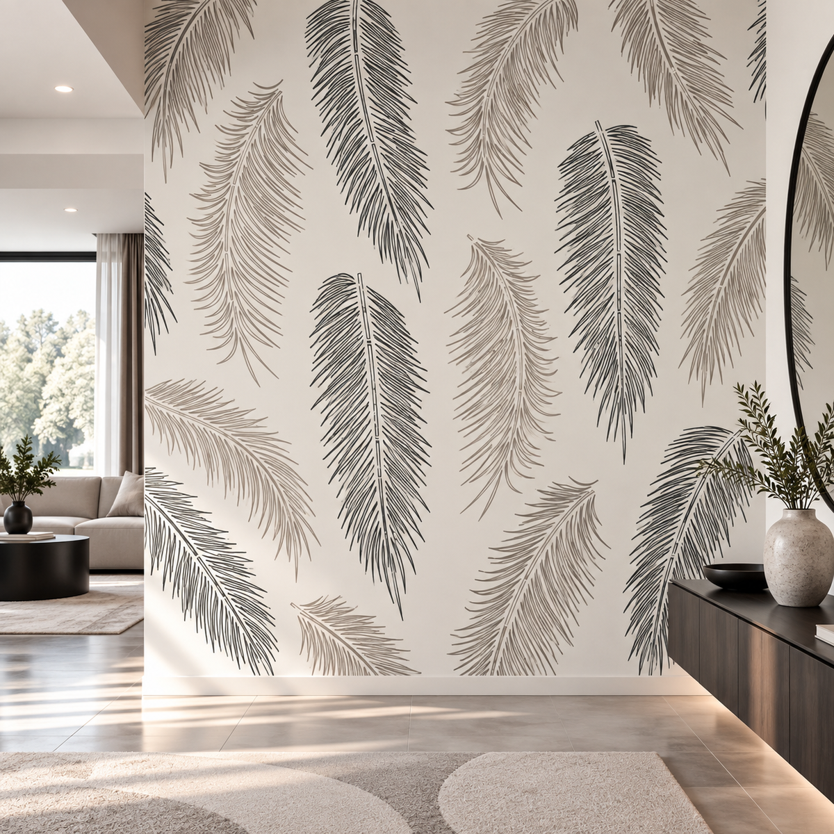 Palm Leaves Wall Stencil in black and taupe on a modern neutral entryway wall