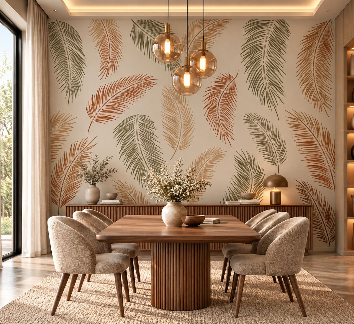 Palm Leaves Wall Stencil in earthy green and terracotta tones on a modern dining room wall