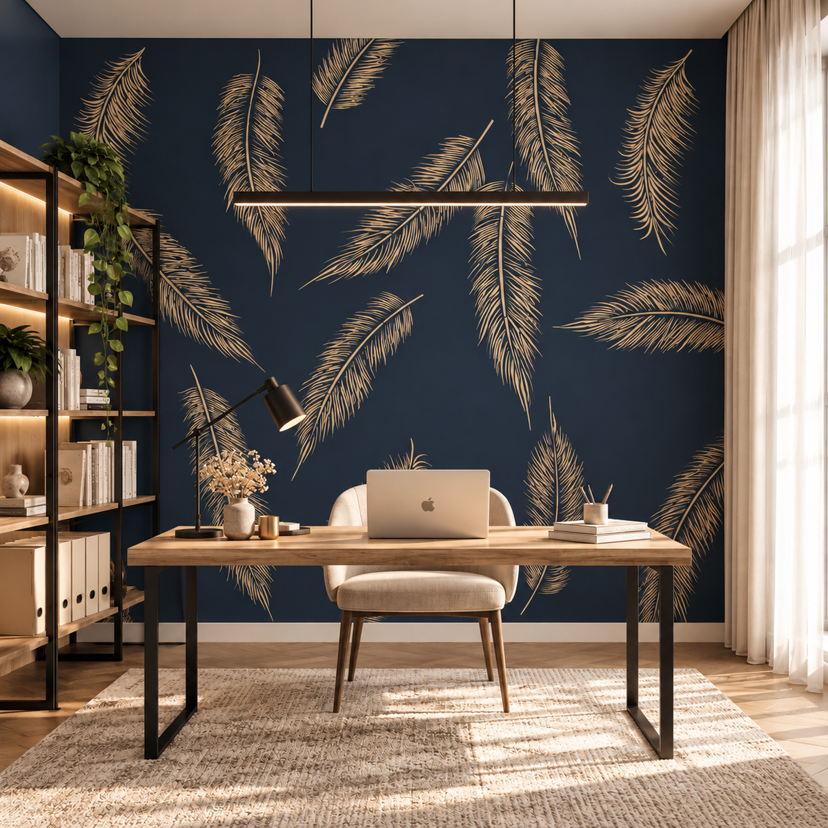 Palm Leaves Wall Stencil in gold on a navy blue home office accent wall