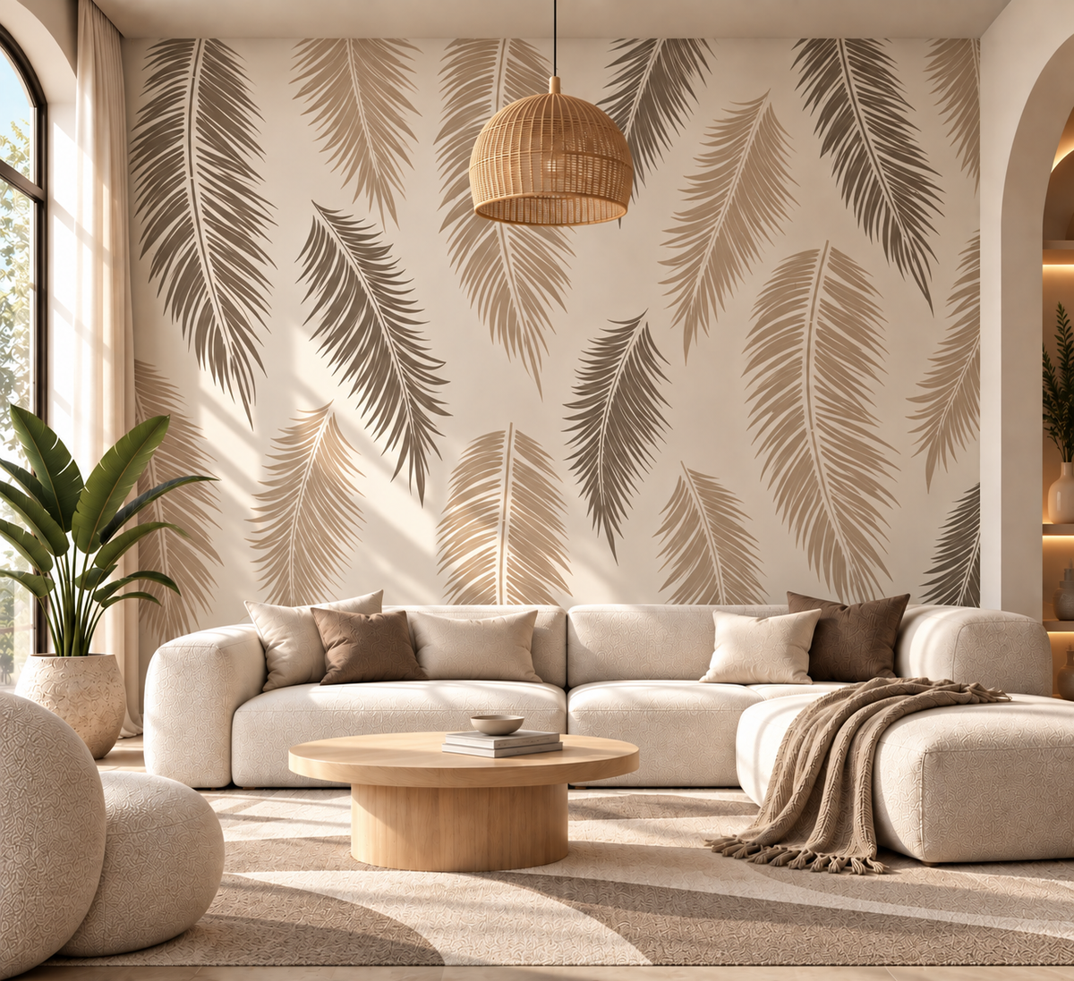 Palm Leaves Wall Stencil in taupe on a neutral modern living room wall