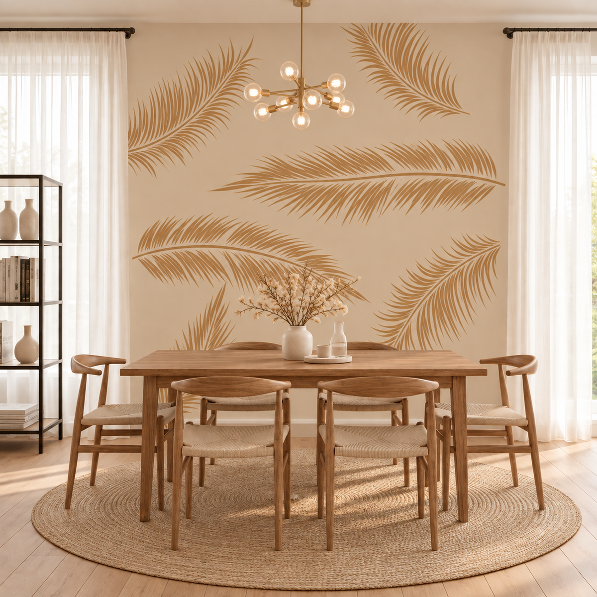 Palm Leaves Wall Stencil in warm terracotta on a boho dining room wall
