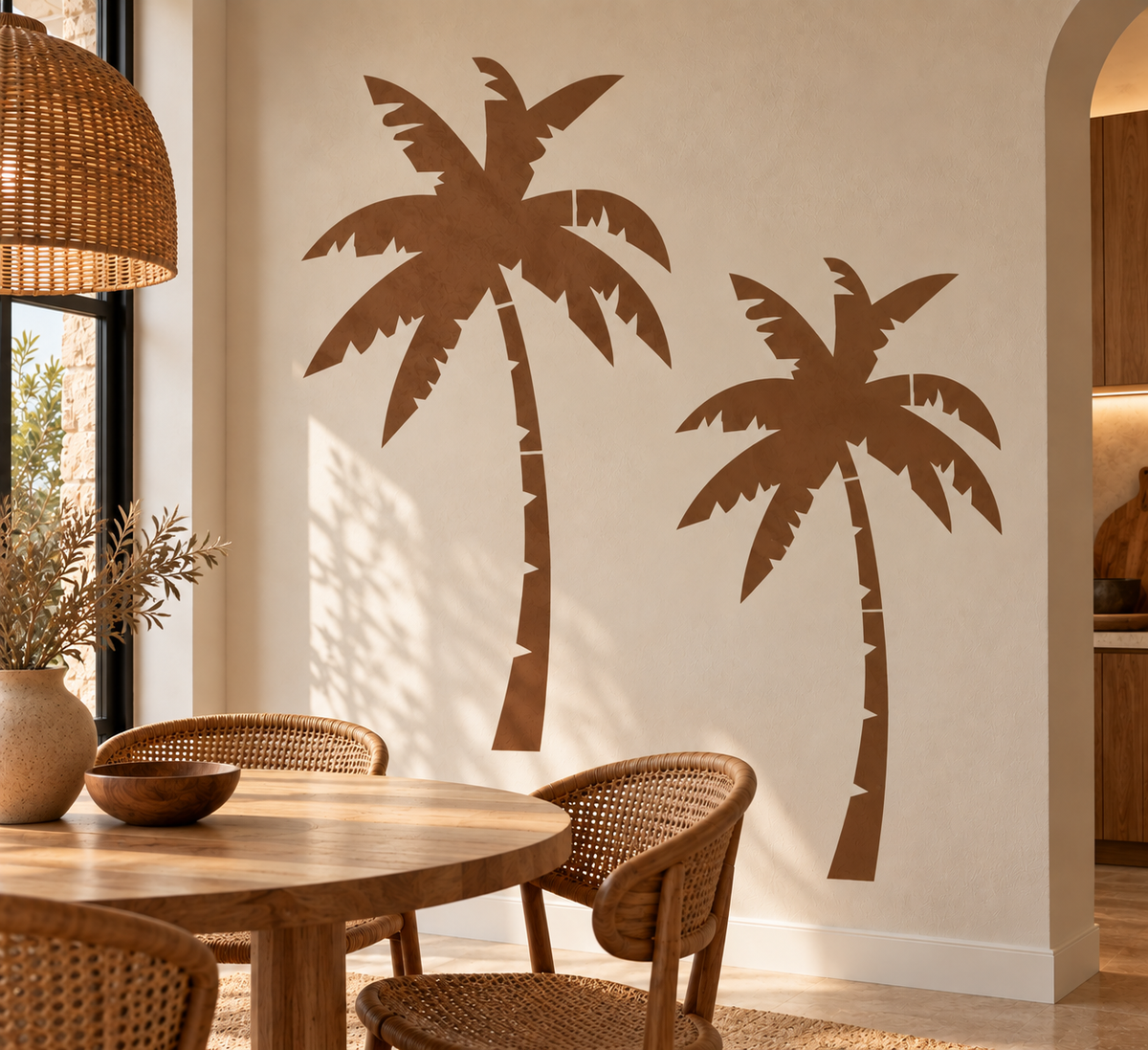 Palm tree wall stencil in warm brown featuring two tropical palms on a neutral dining room wall