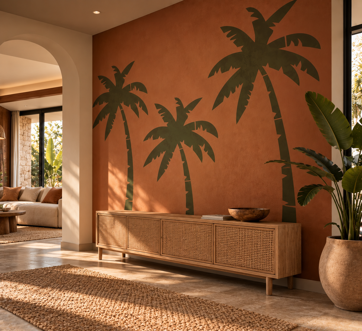 Palm tree wall stencil in dark green featuring three tropical palms on a terracotta accent wall