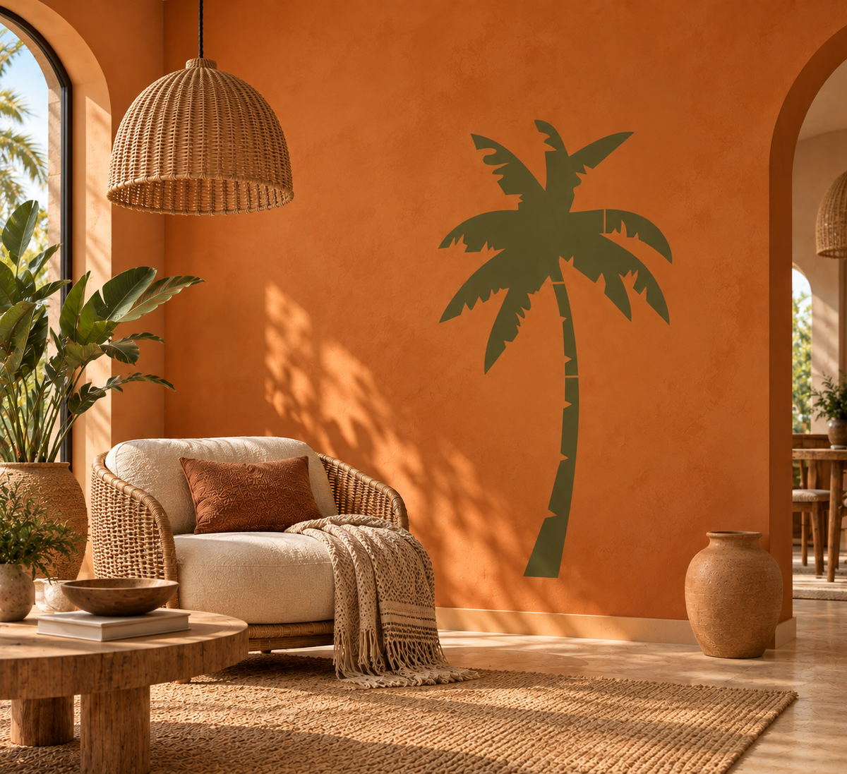 Palm tree wall stencil in olive green featuring a single tropical palm on a warm orange accent wall