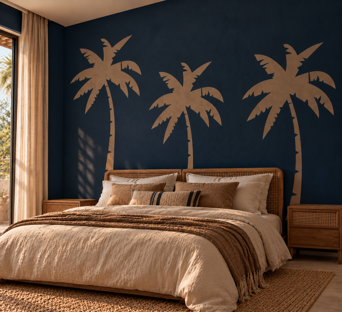 Palm tree wall stencil in warm tan featuring three tropical palms on a navy blue bedroom accent wall
