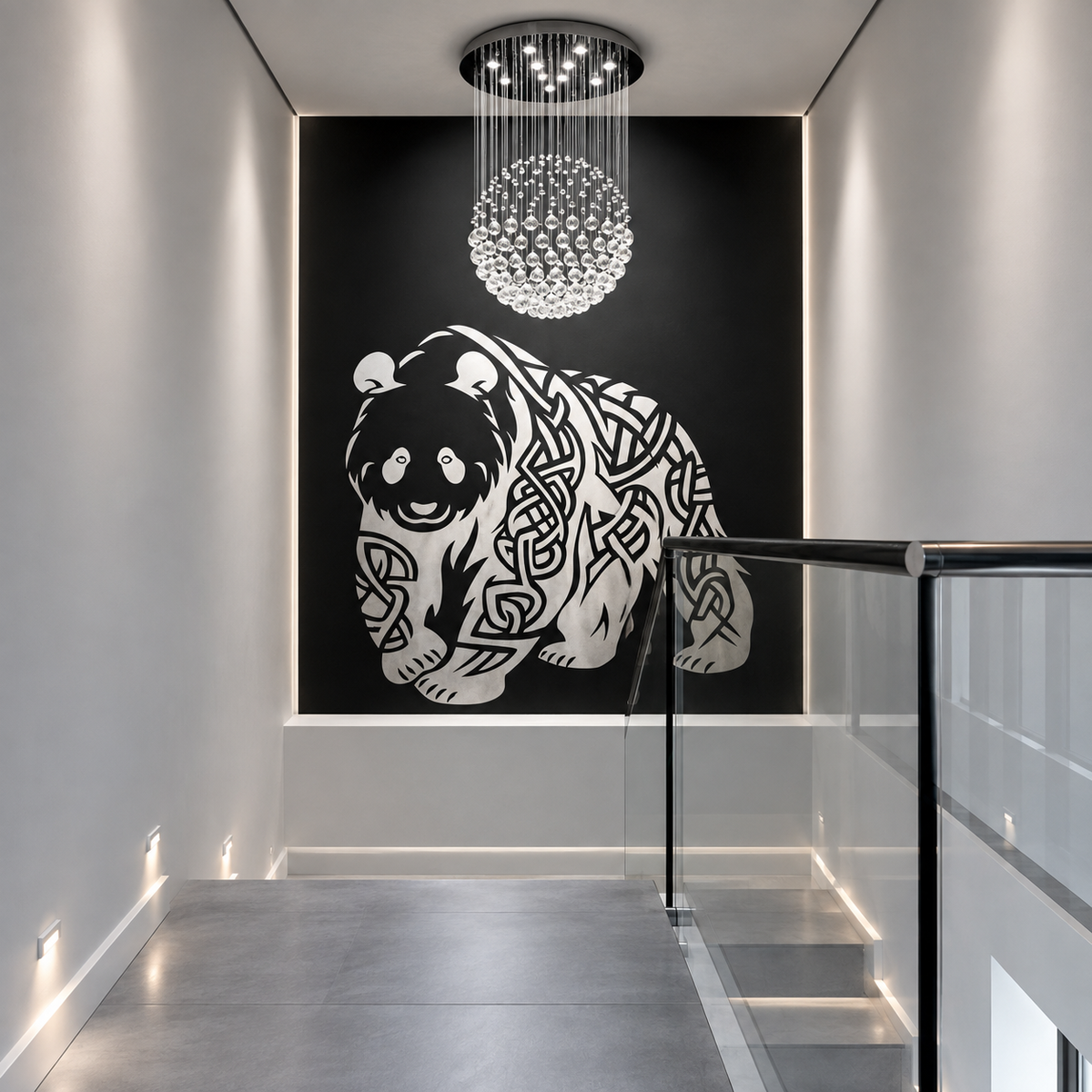 Panda silhouette stencil with intricate Celtic patterns featured on a dramatic black accent wall in a modern stairway. 