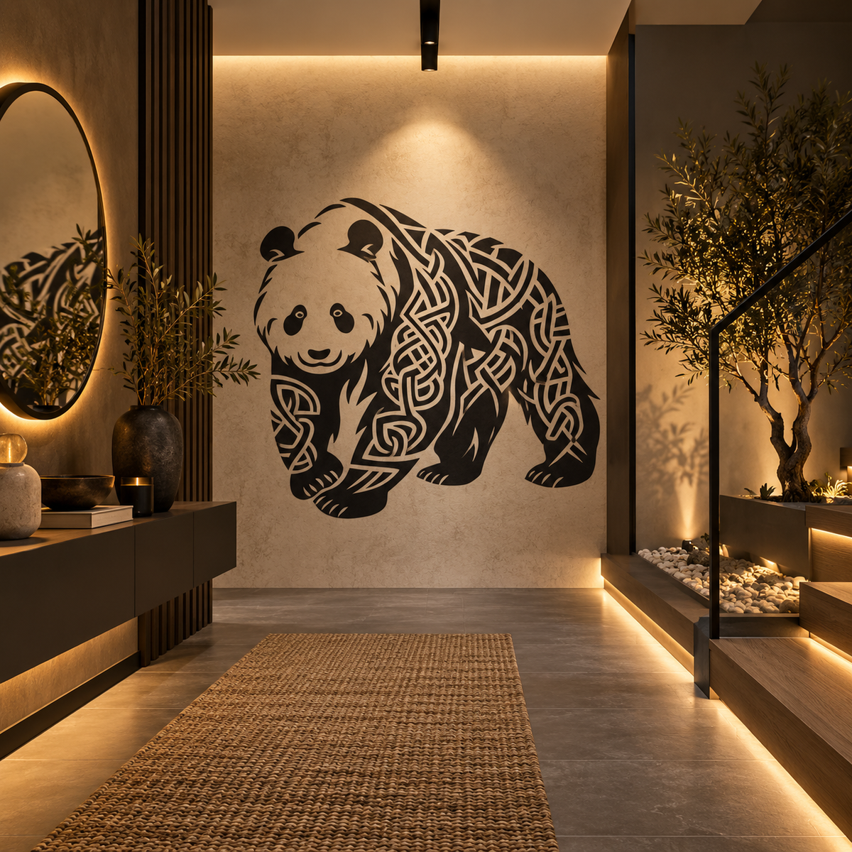 Panda silhouette stencil with Celtic knot details displayed on a warm neutral wall in a modern entryway. 