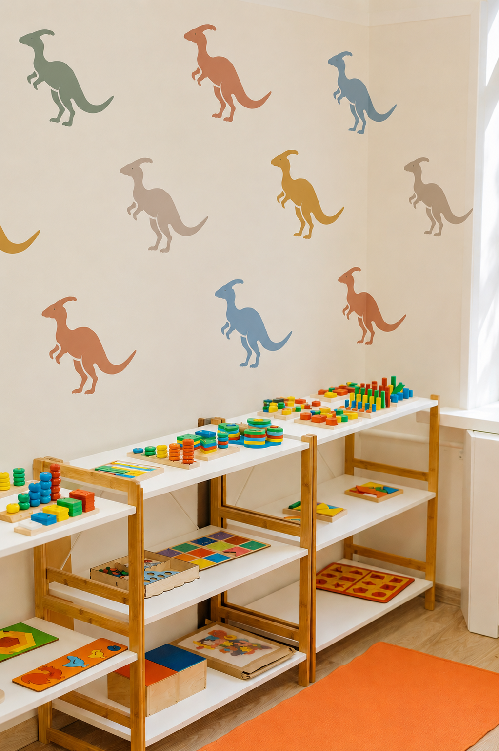 Neutral Parasaurolophus dinosaur stencil wall decals in muted pastel tones decorating a cozy nursery with a teepee, wooden toys, and Scandinavian-inspired decor.