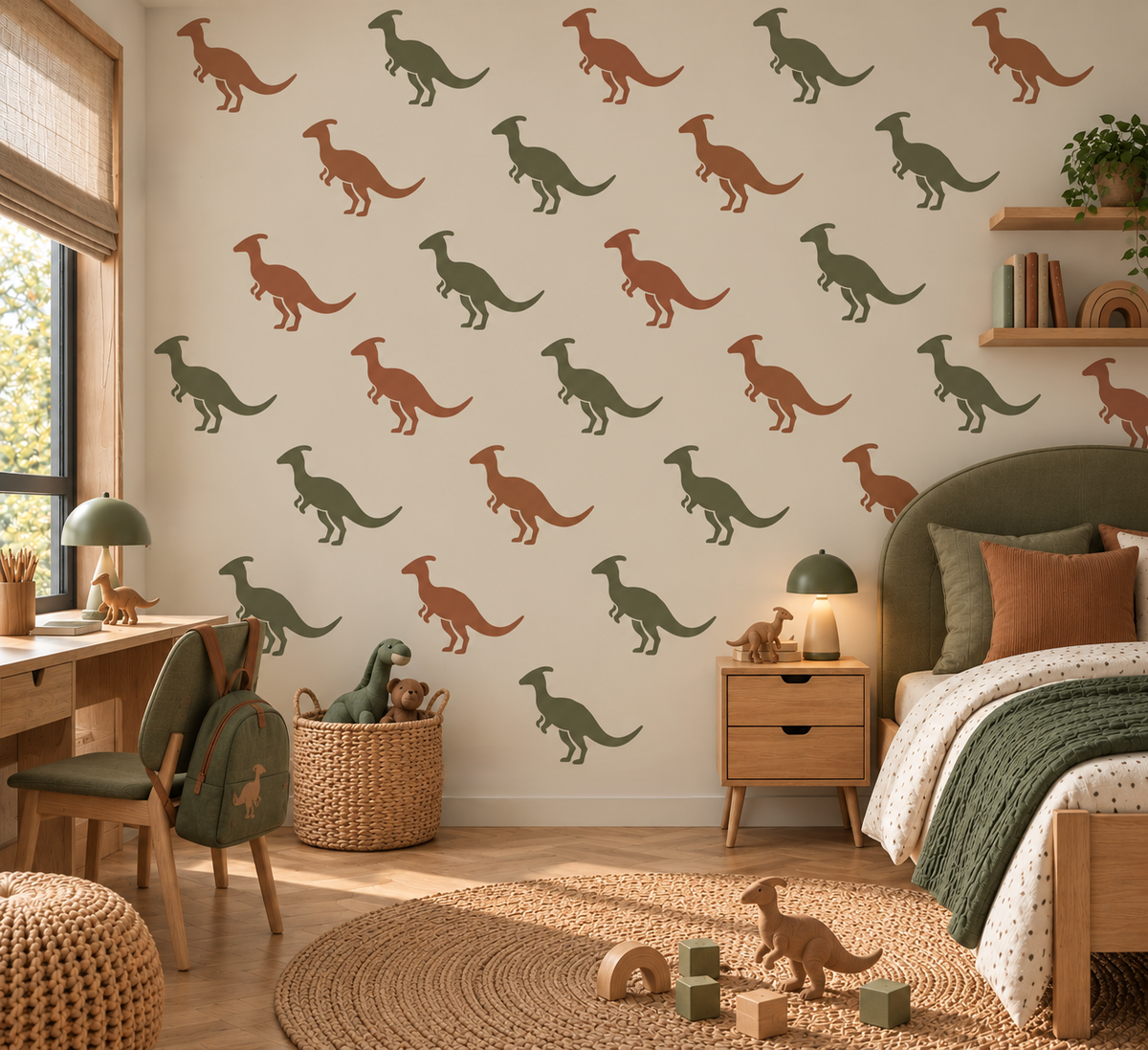 Green and terracotta Parasaurolophus dinosaur wall stencil pattern painted in a cozy kids bedroom, creating modern dinosaur nursery decor and playful children’s wall art.