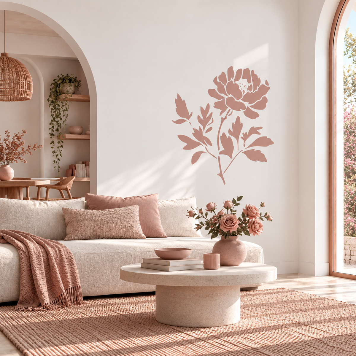 Dusty rose peony flower stencil painted above a couch in a bright boho living room with fresh roses on a coffee table