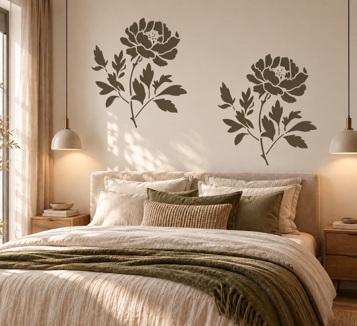 Two dark peony flower stencils on a neutral wall above a cozy upholstered bed with olive green cushions