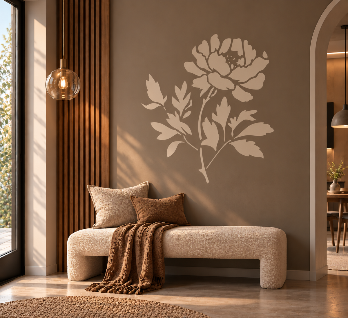 Peony flower wall stencil in a warm neutral entryway with a modern bench and wooden accents