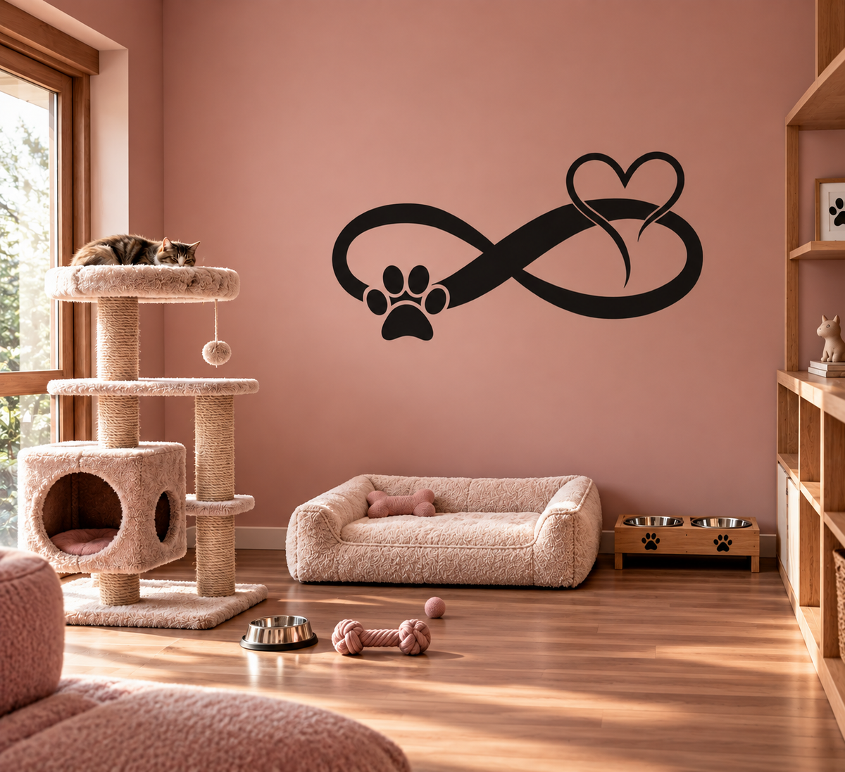 Black Pet Love Infinity Stencil with a paw print and heart on a pink wall in a cozy pet room with a cat tree and pet bed.