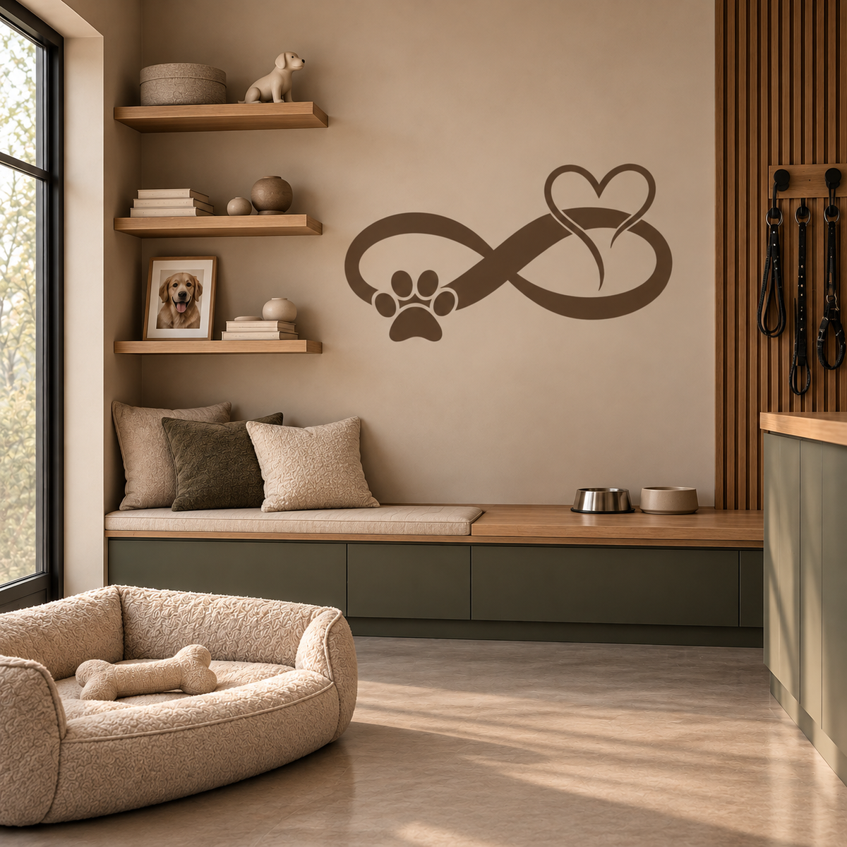 Brown Pet Love Infinity Stencil with a heart and paw print on a beige wall above a built-in bench in a stylish dog room.